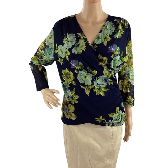 Coldwater Creek Tops - Coldwater Creek Navy Floral Faux Wrap Blouse 3/4 Sleeve Size M